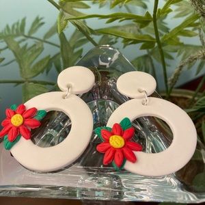 White dangle earrings with red flower. 
Perfect for the Christmas holiday!